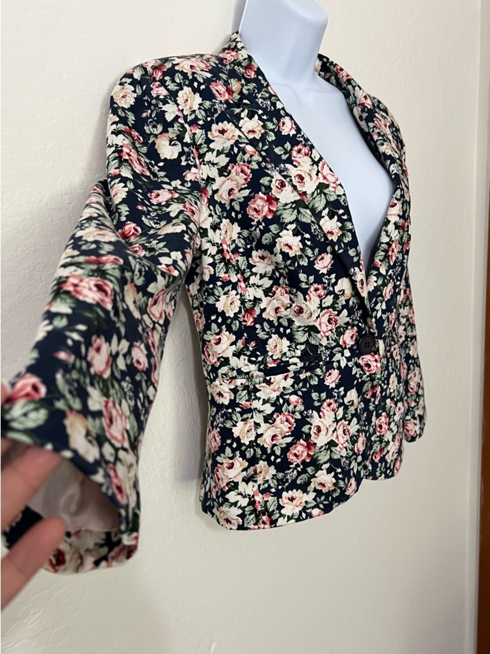 Anany Floral Print Blazer Jacket - Navy with Pink & Cream Flowers